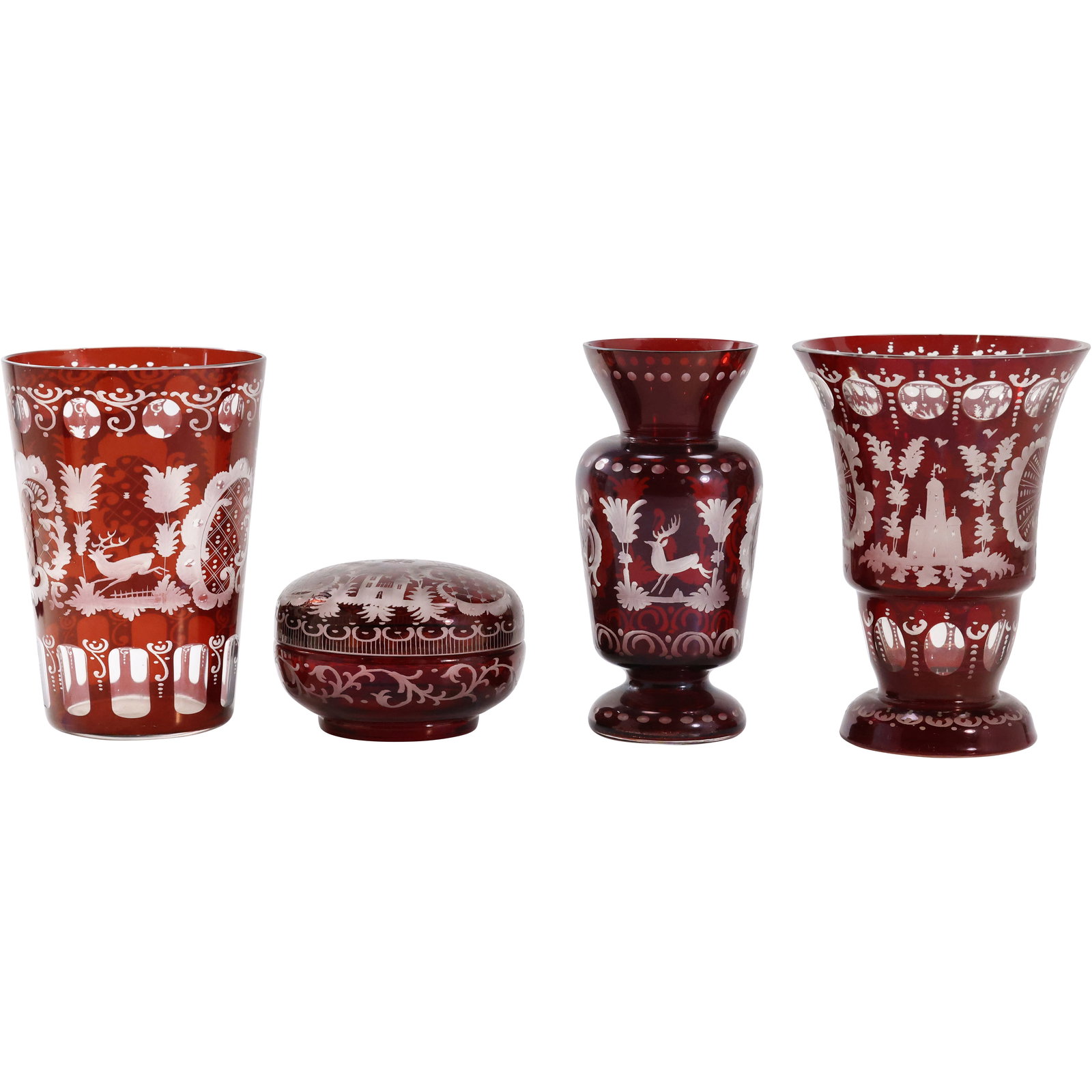 4 Assorted 1800's Bohemian Ruby Red Cut to Clear Design [3] Vases and [1] Powder Box (1 of 20)