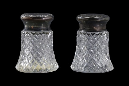 Sterling Silver Tops Crystal Diamond Quilted Glass Salt and Pepper Shakers 2.75 in. height