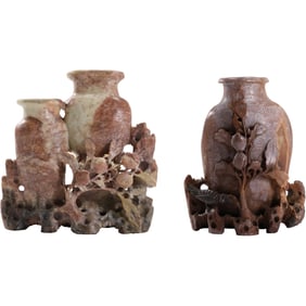 2 Antique Japanese Intricately Carved Soapstone Vases, both 6.25 in. height