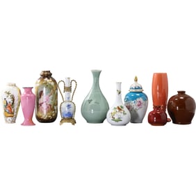 Estate Grouping of 10 Assorted Porcelain and Pottery Vases including Herend Hungary, Fiesta