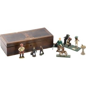 Inlaid Top Antique Wooden Box with Assorted Cast Metal, Lead Figures - See Pictures