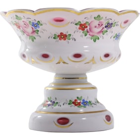 Fabulous Bohemian Cameo Cut Cased Glass White and Pink Tazza Compote Hand Painted Flowers
