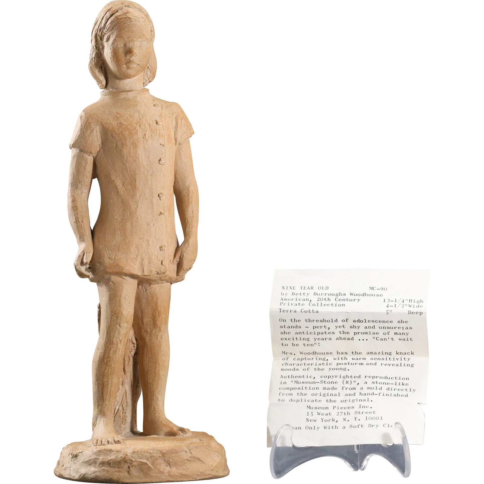 Betty Burroughs Woodhouse [ wife of Reginald Marsh] Terra Cotta Figure Sculpture 13 in. height: Betty Burroughs Woodhouse [ wife of Reginald Marsh] Terra Cotta Figure Sculpture 13 in. height, Signed and with a Biography letter. size:13 h 5 w ; ASKart: A sculptor and student at the Art Students L