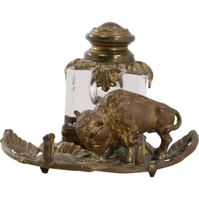 Antique 1800's Victorian Cast Metal Buffalo Figure Inkwell with Glsass Well, Bronzed Patina