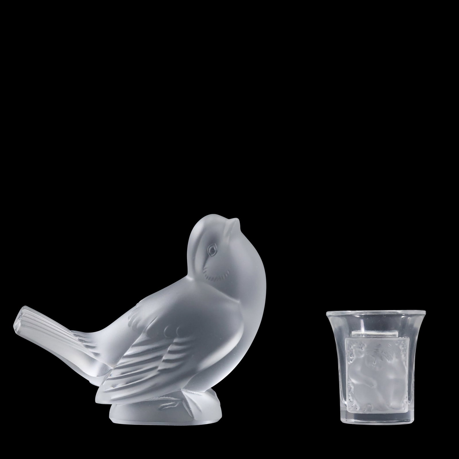 LALIQUE FRANCE Satin Crystal Sparrow w/Head Up Wings Back & LALIQUE Shot Glass Enfants: LALIQUE FRANCE Satin Crystal Sparrow w/Head Up Wings Back & LALIQUE Shot Glass Enfants. size: ~2 and 3.5 in height