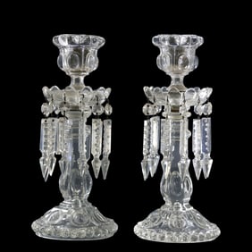 Pair Vintage BACCARAT Candlestick Holders with Crystal Glass Prisms 11.75 in. height x 4.75 in. wide