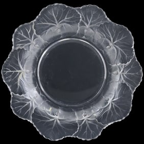 Signed LALIQUE FRANCE Crystal Art Glass Honfleur Geranium Lily Pad Frosted Edge Bowl 4.75 in.