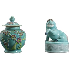 [2] Chinese Celadon Cabinet Covered Urn and Celadon Cabinet Animal Figure
