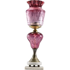 Antique Victorian Cranberry Font and Cranberry Shade Electrified Table Lamp 22.75 in. height
