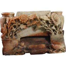 Antique Intricately Carved Asian Soapstone Triple Vase 4 in. height x 6.5 in. length