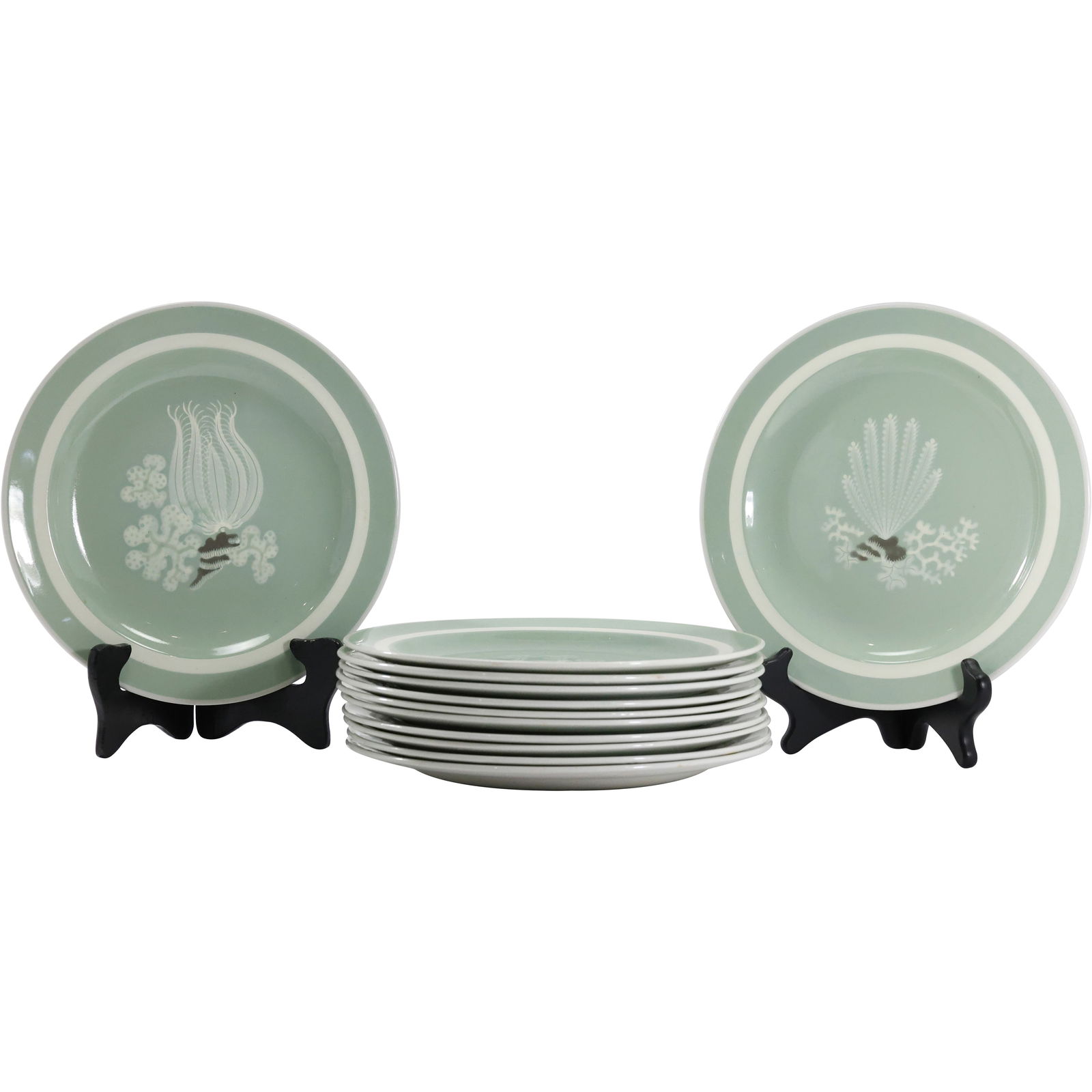 Set 12 Assorted Royal Copenhagen Aluminia Faience Celadon Green Plates Denmark 9.25 in. dia. (1 of 20)
