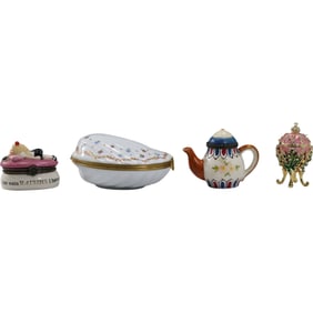 4 Assorted Porcelain Dresser Boxes: Haviland Limoges Shell, "Raisens" Madame Alexander,