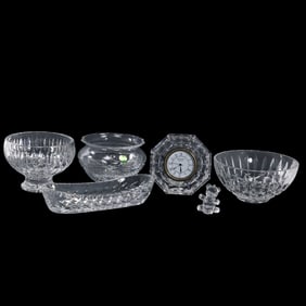 6 Assorted WATERFORD Estate Grouping: 4 Crystal Bowls, Crystal Clock and Crystal Figurine