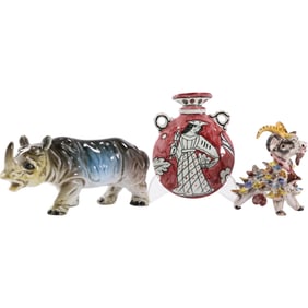 3 Assorted Italian Ceramic Pottery: Rhinoceros, Decorated Mountain Goat, Decorated Vase with Figure