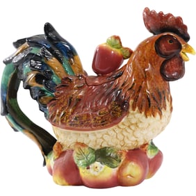 "Bombay" Ceramic Colorful Glazed Full Bodied Rooster Tea Pot 9 in. x 11 in. x 6 in.
