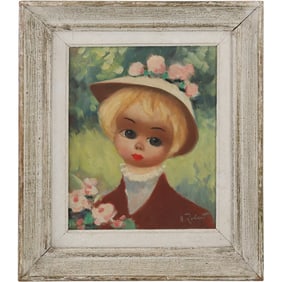 A Robert, Paris France, Vintage Oil on Canvas Painting  "Big Eyes" Girl Portrait, Framed