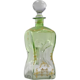 Unique Victorian Green to Clear Glass Pinched Sides Decanter with Gold Enameling Design Accents