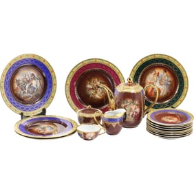 17 Pieces Hutchenruether Bavaria Fine Decorative Porcelain Scenic Plates, Tea Set, Blue Beehive mark