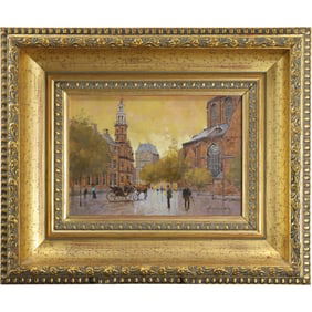 Signed Henley, Fine 20th C. Oil on Wood Panel Painting Parisian Scene with Horse Drawn Carriage