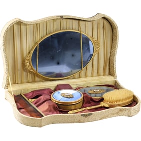 1930's Frech Art Deco 24K Gold Plated Vanity Dresser Set in Box [Brush, Mirror, Tray]