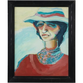 Vintage 1940s Oil on Board Painting Portrait of a Woman Wearing a Hat, Framed