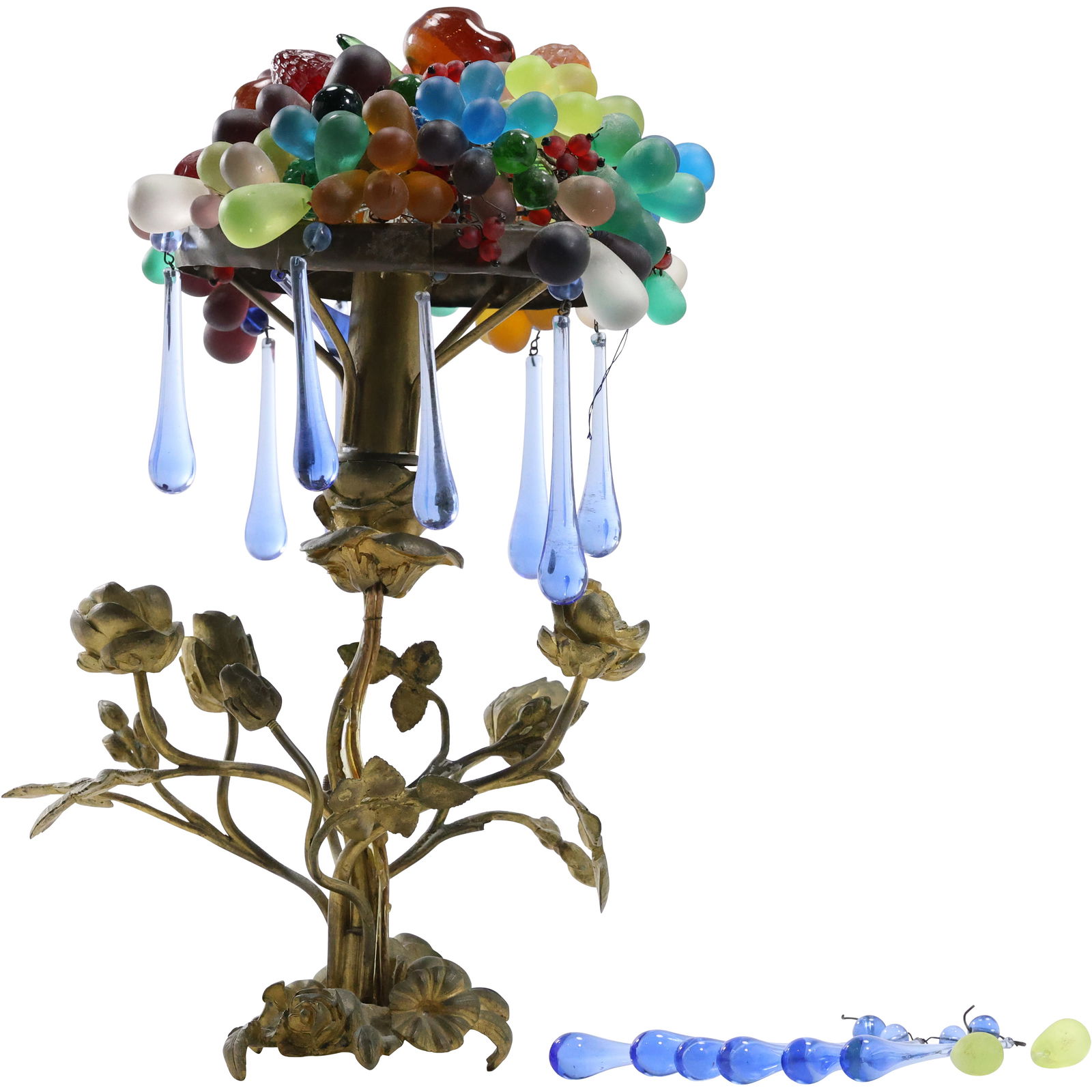 Art Nouveau French Antique Lamp Gold Metal Roses Bse with Molded Glass Fruits Shade, Prisms (1 of 17)