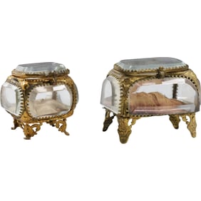 2 Antique Napoleonic Brass & Glass Bevelled Dresser Top Vitrines on Legs