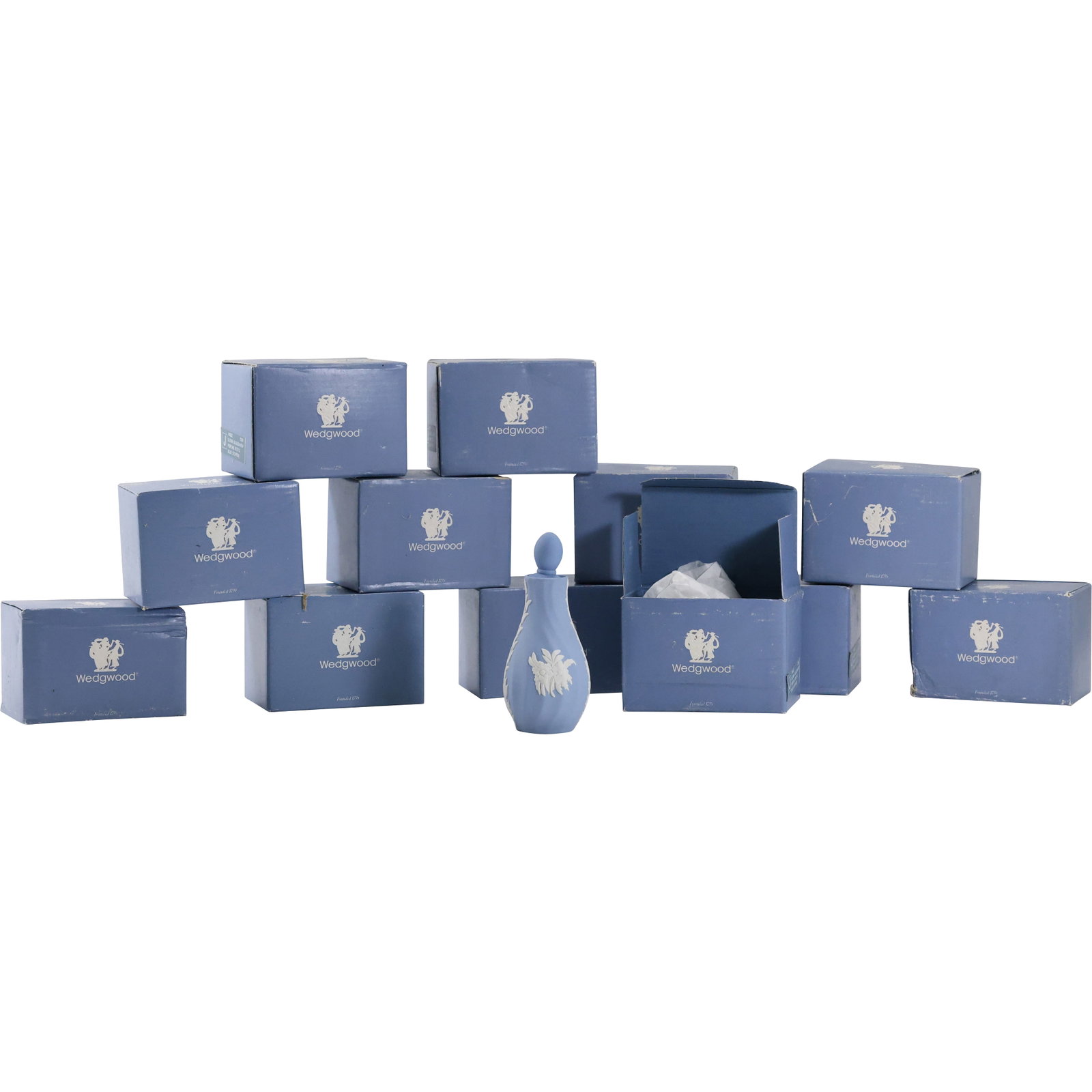 12 Matching Gloria Guggenheim WEDGWOOD Perfume Bottles with Stoppers having individual boxes: 12 Matching Gloria Guggenheim WEDGWOOD Perfume Bottles with Stoppers having individual boxes. size: 4.5 x 2 box: 4 x 3 x 2.5
