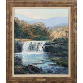 PAUL GOULD, American, Oil on Canvas Painting titled " Cool Waters" Landscape with Brass Tag