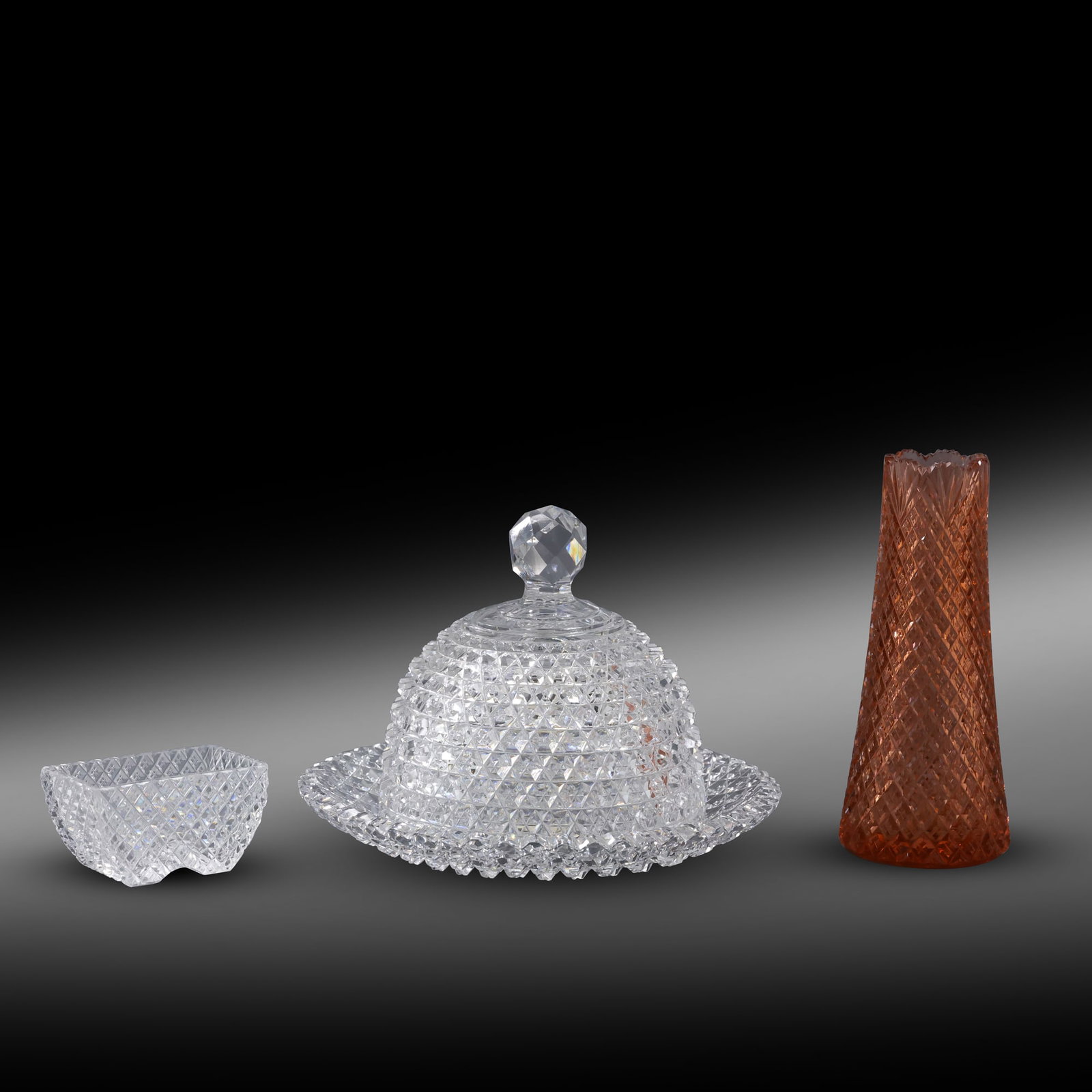 3 Assorted American Brilliant Cut Glass Round Butter Dish, Smal Bowk Pink Cut Glass Vase (1 of 20)