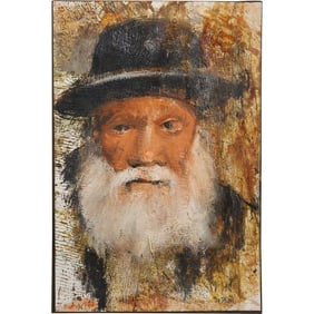 Ted Jaslow, b. 1934, American, Oil on Board Painting Portrait of a Rabbi, Label on Verso