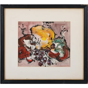 Signed J Lipton 1969, Modernism Abstract Still Life Oil on Paper Painting, Framed