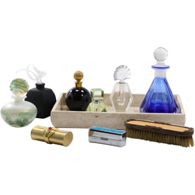 Estate Grouping Vanity: 6 Assorted Perfume Bottles, Tray, 2 Compacts, Brush - SEE PICTURES
