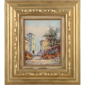 Signed K Frost, Oil on Board Painting, Parisian Street Scene with Flower Marketplace, Framed