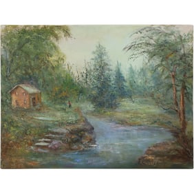 Signed Edwards, Vintage Oil on Canvas Painting Country Landscape Cabin Near the Stream