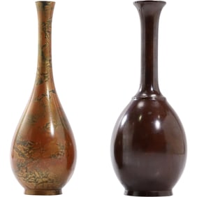 2 Elegant Japanese Bronze Vses in Original Patina Finish 9 in. height and 8.5 in.. height
