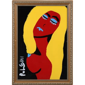 Thomas Pulgini, American, Pop-Art Abstract Oil on Board Painting Woman with Yellow Hair Portrait
