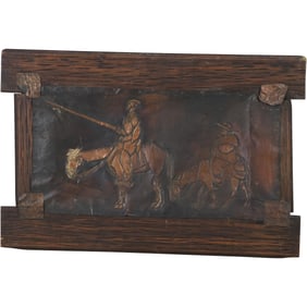 Arts and Crafts Copper Relief Plaque of Don Quixote, Wood Framed 24 in. x 16 in.