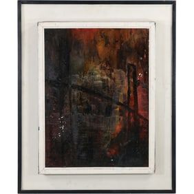Vintage 1950s Mid-Century Modern Dark Oil on Board Abstract Painting in Original Framing