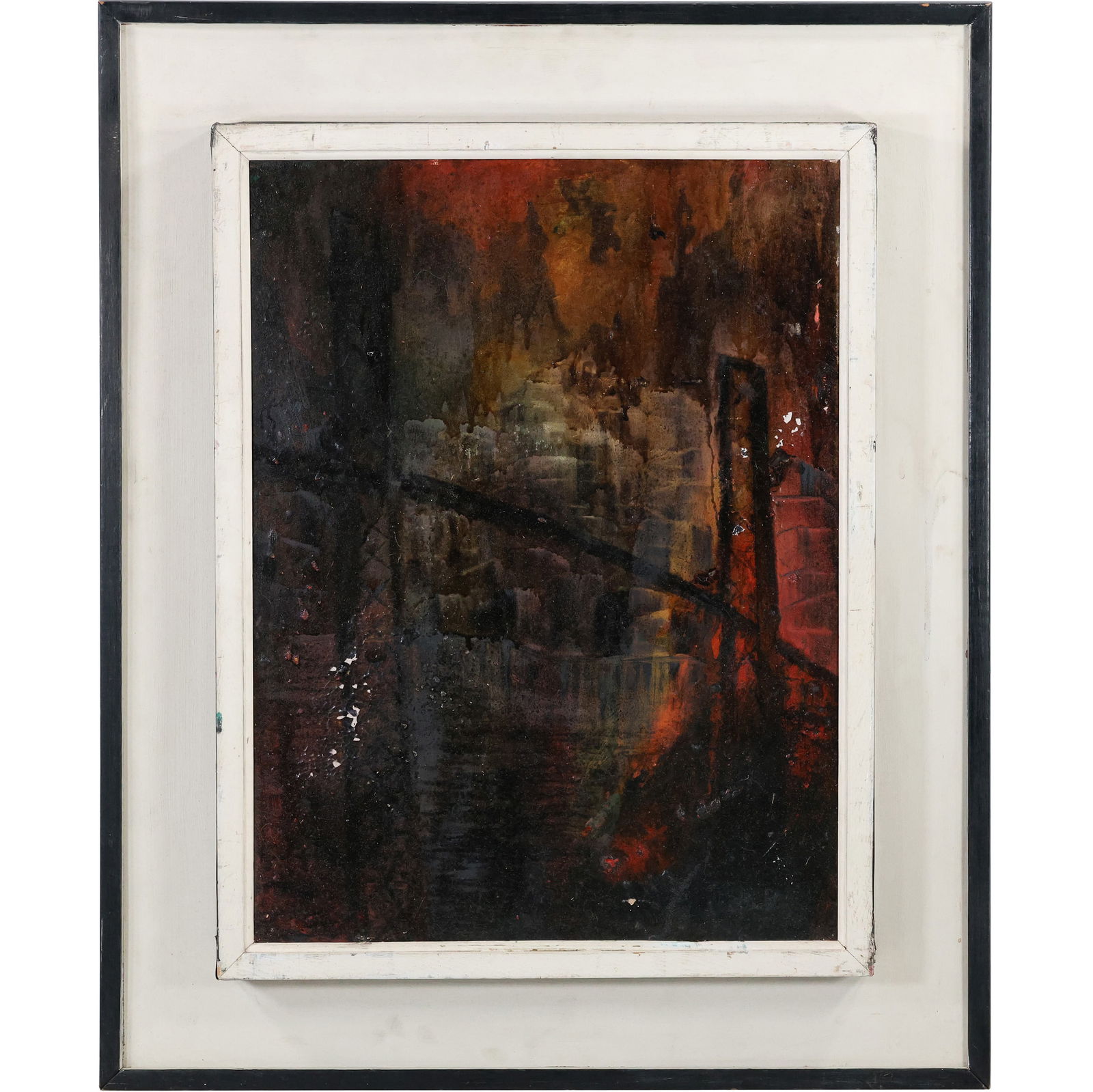 Vintage 1950s Mid-Century Modern Dark Oil on Board Abstract Painting in Original Framing (1 of 13)