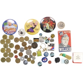 Estate Grouping of Political Buttons, Buttons, Amusement Tokens, Tokens, Coins and more