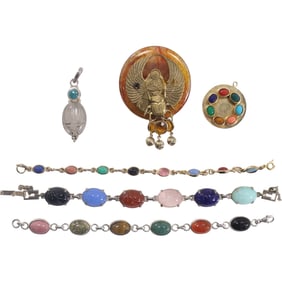 Estate Grouping 6 Assorted Sterling SCARAB JEWELRY lncludes 3 Bracelets, 2 Pendants, Pin