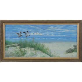 Jim Hitesman, Bucks County Pa, Oil on Board Painting Mallard Ducks over Seascape, Signed