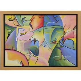 Signed S Hubbard 2005, Oil Painting Modernism Cubistic Haitian Figures, Faces, Framed
