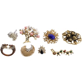 8 Assorted Quality Designer Costume Fashion Jewelry Pins including Crown Trifari, Monrt, Ciner,