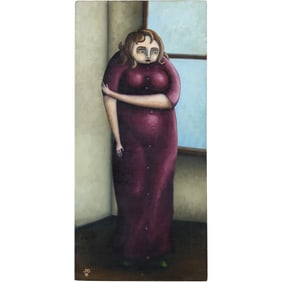 Jennifer Saftler, Oil on Canvas Painting "Woman by the Window", Label on Verso