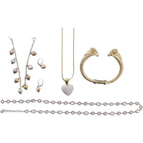 .925 Sterling Crystal Necklace 20 in.; .925 Sterling Italy Heart Bracelet with Matching Pierced