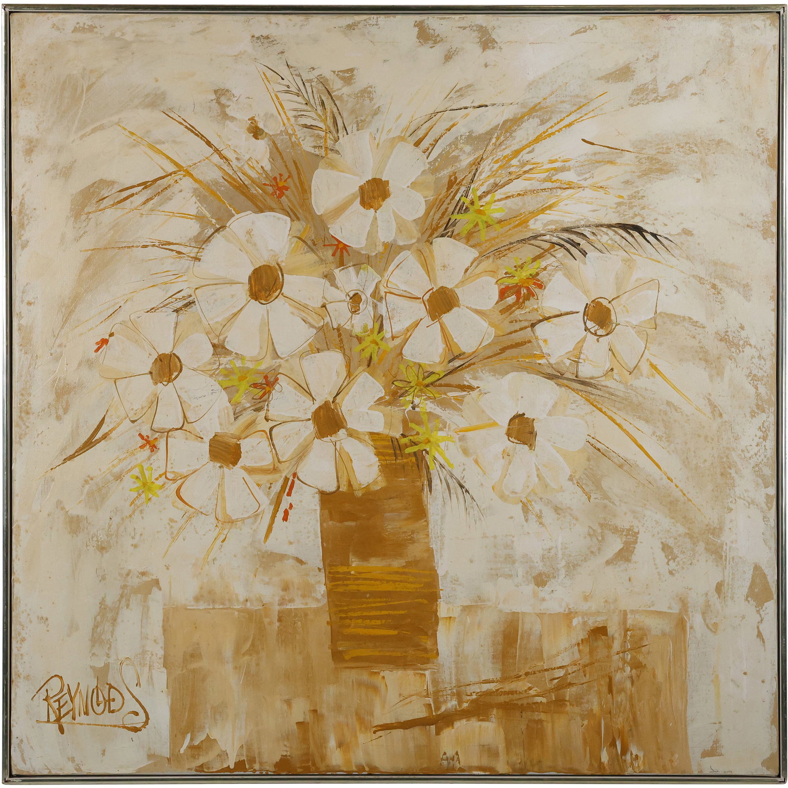 Lee Burr, Signed Pen Name Lee Reynolds, Oil Painting MODERNISM ABSTRACT SUNFLOWERS: Lee Burr, Signed Pen Name Lee Reynolds, Oil Painting on canvas MODERNISM ABSTRACT SUNFLOWERS, size: 41 in. x 41 in. ; ASKart: Lee Burr Born: 1936Known for: Abstraction, prints (Vanguard Studio and Eas