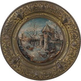 Brass Art Plaque With Inset Vintage Embossed Terra Cotta Pottery Dutch Scene 23.5 in. diameter