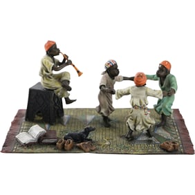 after Bergman, Austrian Bronze Mid-Eastern Children Dancing to Flute Player 8 in. x 5.5 in.